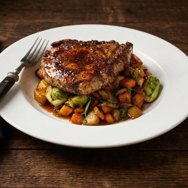 Glazed pork chop with roasted sweet potatoes, Brussels sprouts, and onions on a white plate.