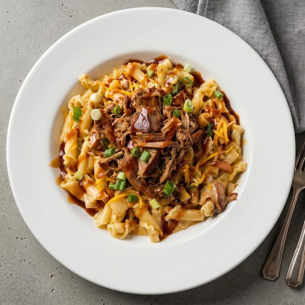 A.T. The Black & White's mac and cheese with pulled pork, BBQ sauce, and green onions.