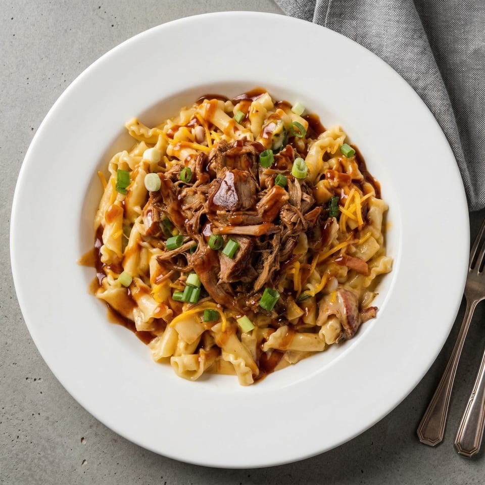 A.T. The Black & White's mac and cheese with pulled pork, BBQ sauce, and green onions.