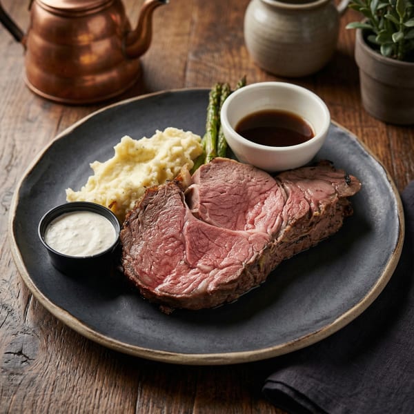 A.T. The Black & White's prime rib with mashed potatoes, asparagus, au jus, and horseradish sauce.