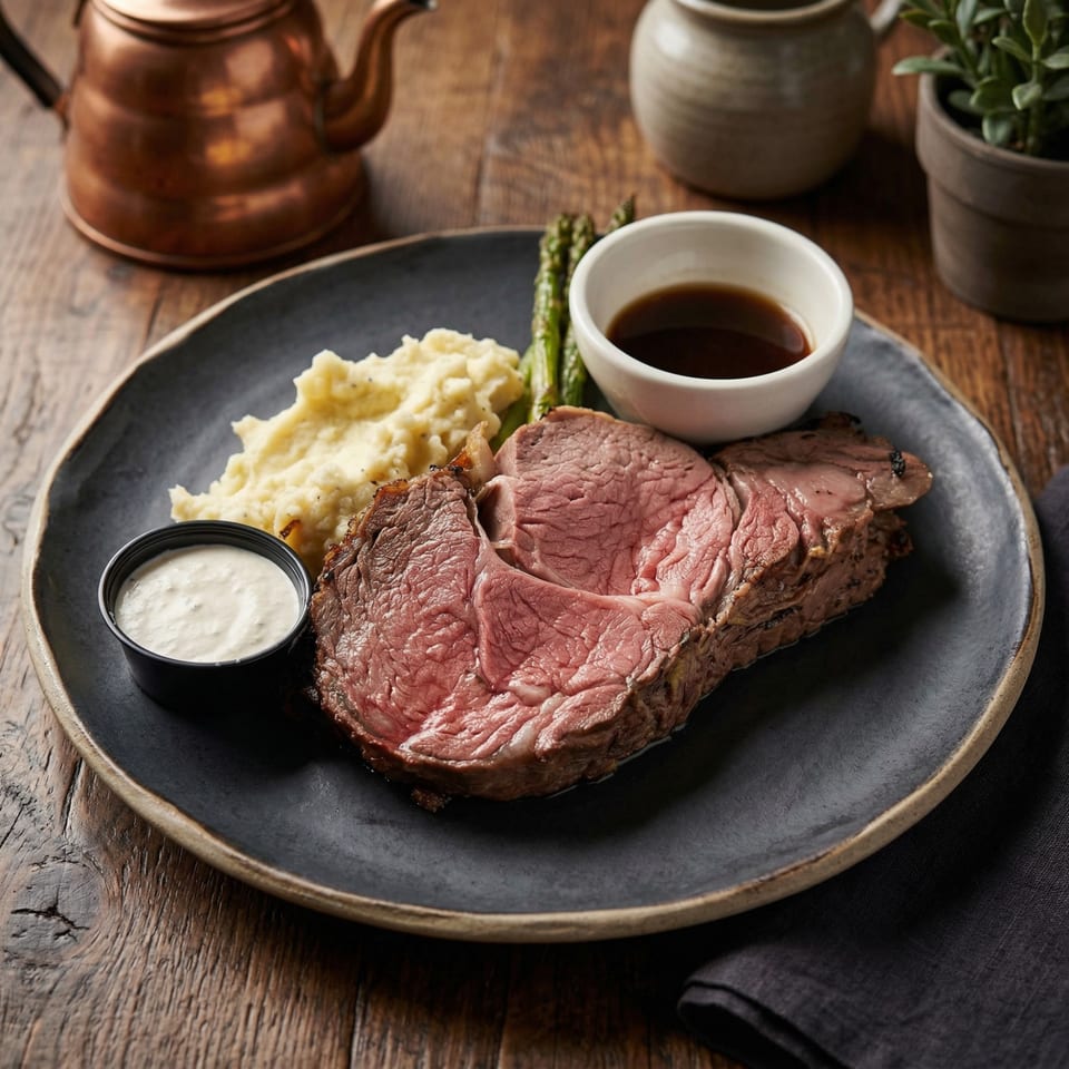 A.T. The Black & White's prime rib with mashed potatoes, asparagus, au jus, and horseradish sauce.