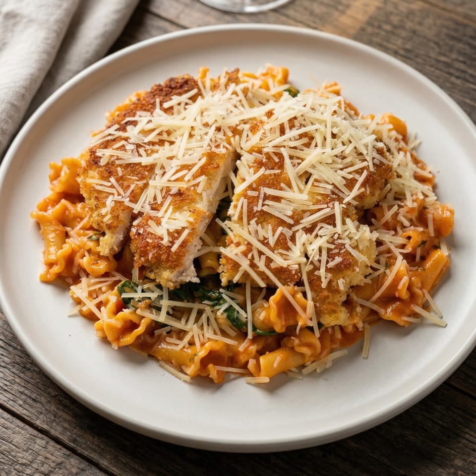 Crispy fried chicken cutlets over pasta with red sauce, spinach, and shredded Parmesan cheese.